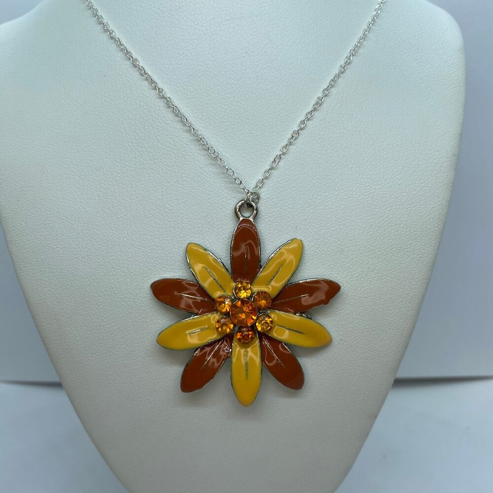 Orange Rhinestone Flowers Silver-Tone Necklace